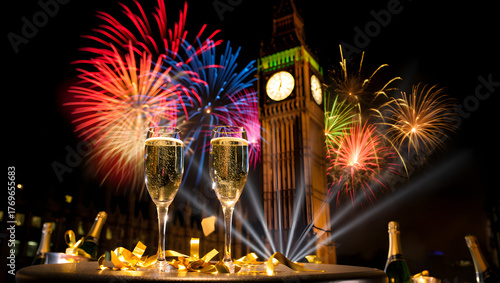 Champagne glasses and fireworks celebrate new year s eve in london with big ben