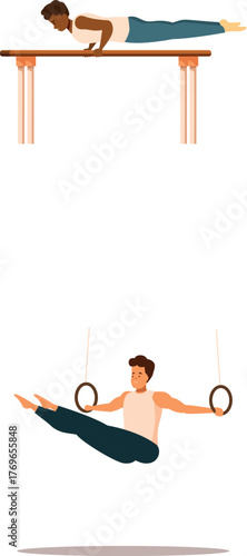 Male gymnasts showcasing strength and flexibility while performing exercises on parallel bars and rings