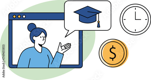Online Education Program Presentation: A woman in a video call describes affordable, quality schooling from home for career advancement and professional growth, investing time and money to earn degree