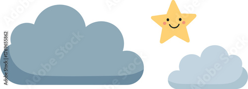 Whimsical Night Sky: Smiling Star Amongst Fluffy Clouds Floating in Dreamy Atmosphere, Ideal for Children's Education Material & Healthcare Marketing Campaign Featuring Pastel Shades in Calm & Peacefu