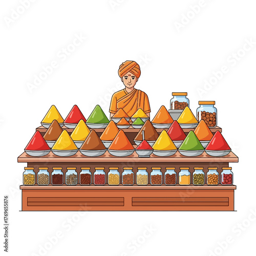 Indian Spice Market Vendor Selling Traditional Masala And Herbs In Colorful Street Food Stall Illustration