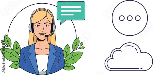 Professional Blonde Customer Support Specialist Assisting with Cloud Technology Solutions in a Modern Business Setting, Offering Online Assistance and Virtual Help Via Telecomunication for Website, Pr