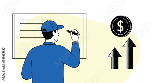 Business Professional Planning Financial Growth Strategy on Whiteboard Chart with Sales Projections, Writing Revenue Forecasts and Investment Goals for Modern Company Success Presentation Design