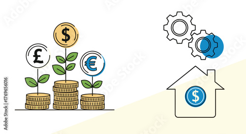 Currency Growth and Investment in Real Estate, Driving Financial Mechanism, Illustrating Economic Development and Wealth Accumulation, Set on White for Presentations and Business Advertising Use (Mode