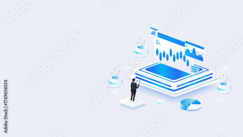 Stock market isometric vector illustration. Businessman analyzing trade growth charts. concept of finance and trading