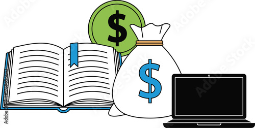 Open Book, Money Bag, Coin and Laptop Illustrating Financial Education and Online Learning for Business Success and Investment, Depicting Knowledge, Wealth, and Technology for Modern Students and Prof