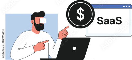 Modern Entrepreneur Leveraging SaaS Solutions for Business Growth, Innovative Technology, Digital Economy, Software as a Service, Online Platform, Financial Success, Pointing at Dollar, Online, Busine