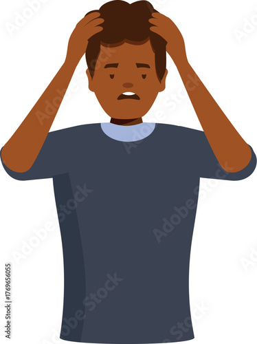 Frustrated man holding head with hands, experiencing stress, tension, or anxiety