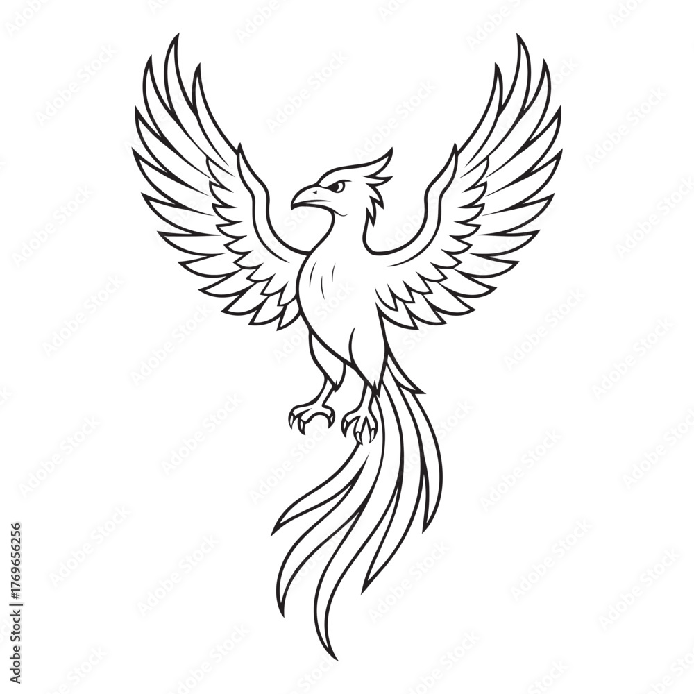 Obraz premium Black and white phoenix on white background. Coloring page with flat design of phoenix