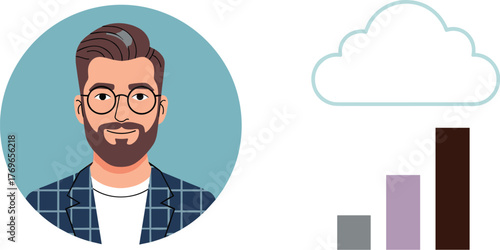 Confident Business Professional Analyzing Cloud Computing Data Trends in a Modern Office Setting, Presenting Insights for Digital Marketing Strategies and Technology Solutions, Depicted in Clean, Mode