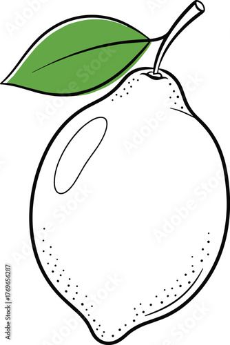 Lemon fruit illustration with leaf, stylized citrus drawing, black outline vector, healthy food icon, botanical sketch, simple fruit design template