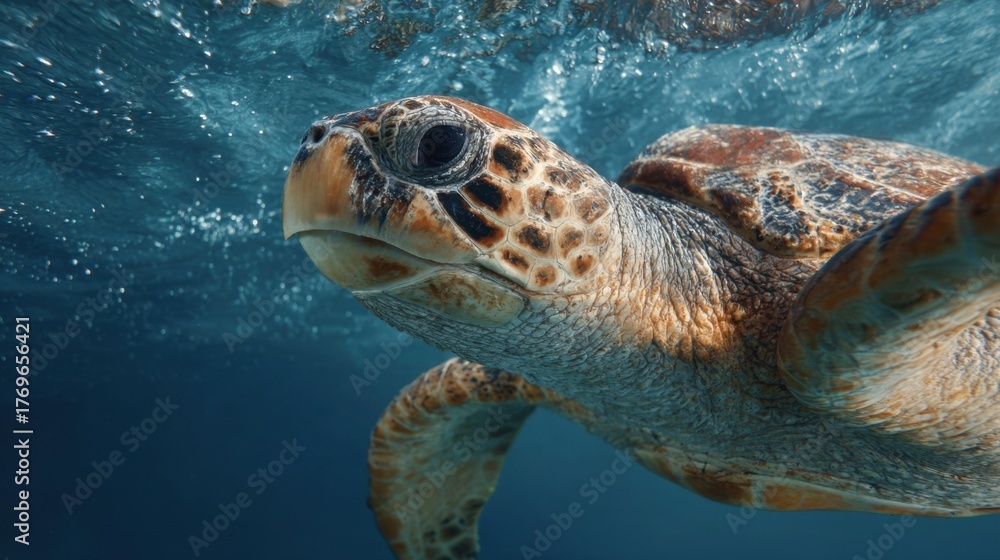 Fototapeta premium A vibrant sea turtle swims smoothly under the surface of a shimmering ocean reflecting sunlight.