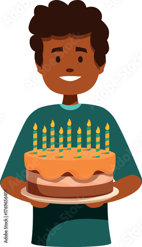 Smiling boy holding birthday cake with lit candles, celebrating a special occasion