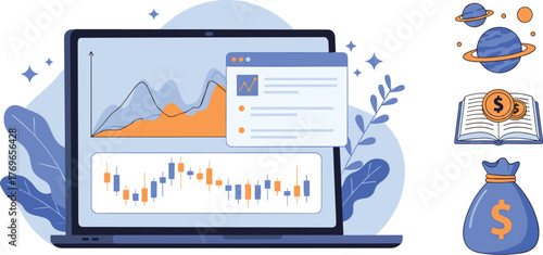 Laptop Displaying Financial Growth Charts and Candlestick Patterns, Modern Investment Analysis for Technological Business Strategies, Digital Marketing Presentation, and Data-Driven Decision-Making Pr