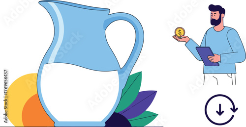 Milk Pitcher with Businessman Managing Finances, Calculating ROI in Bright, Minimalist Style for Financial Presentation:  A Conceptual Graphic for Business, Investment, and Dairy Industry Marketing, D