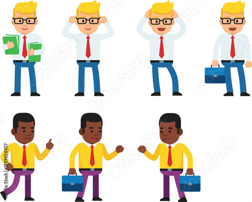 Cartoon business characters in diverse poses and gestures, multi-ethnic male figures with accessories, vector illustration for workplace concepts