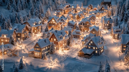 Magical winter village covered in snow with glowing lights at dusk or night