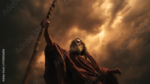 Staff held high, Moses prays. The prophet believes. God grants a miracle. Clouds darken. Sea opens. Robe moves in wind. Servant walks forward. Faith grows. The staff glows with divine light.