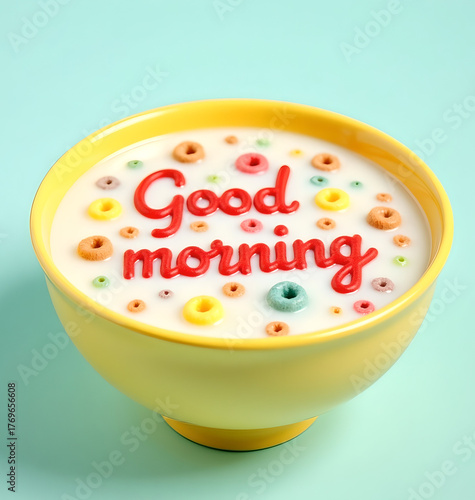 A yellow bowl filled with milk and colorful cereal rings on the surface of the milk with the words 
