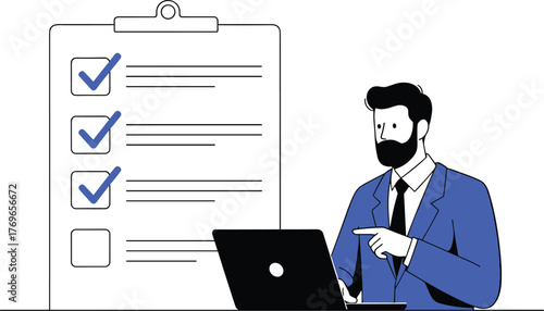Professional Business Man Reviews Project Checklist on Laptop at Modern Office, Ensuring Task Completion and Success in Strategy and Management. For Presentations, Marketing, or Documentation (Modern