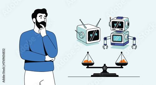 Pensive Man Contemplating AI vs Human Value: Evaluating Modern Tech, Weighing Future Innovation, Making Decisions on Artificial Intelligence, Conceptual Graphic for Business, Balanced Scales, Robots,