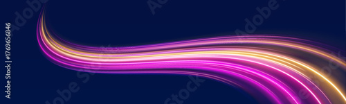 PNG glowing pink and orange streaks curve across urban night roads. Motion blur enhances the aurora-like energy wave and luminous motion. Perfect for high-speed concepts.