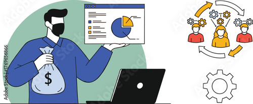 Data Analyst Presenting Financial Growth Strategy with Pie Chart and Money Bag in Modern Business Setting, Illustrating Teamwork, Collaboration, and Innovation for Presentations and Website Use (Profe