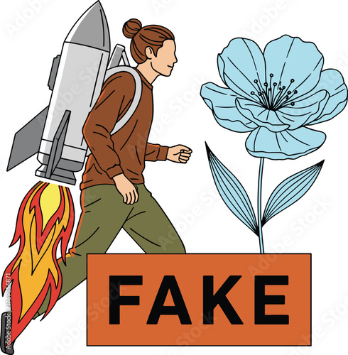 Conceptual Illustration of a Woman with Rocket Propelled Backpack Leaping Over a Sign that Reads FAKE Next to a Blue Flower, Depicting Escaping Falsehoods for Innovative Technology Solutions in Busine