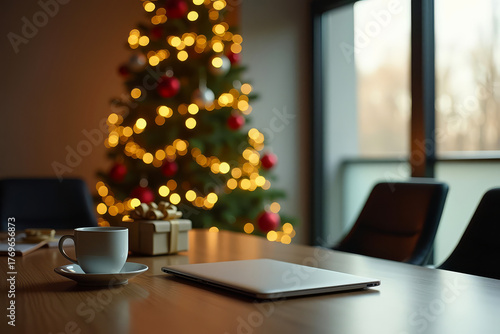 Modern meeting room with elegant Christmas tree. Corporate office interior decorated for holidays. Business workspace festive New Year atmosphere.