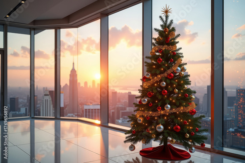 Modern office with Christmas tree and panoramic window. Minimalist workplace decorated for New Year. Elegant holiday interior with space for text