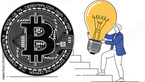 Bitcoin Blockchain Innovation: Man Climbing Stairs with Lightbulb Idea Next to Cryptocurrency Token, Representing Technology Advancement in Financial Sector, Modern Investment Strategy, Graphic Illust