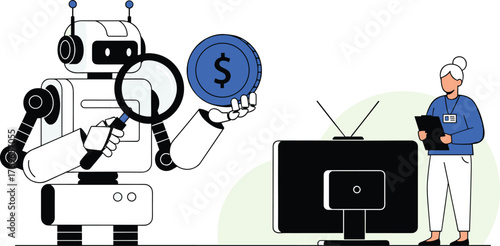 Robot Inspecting Financial Coin with Magnifying Glass, Employee Observing Monitor - Innovation, Business, Technology, Analysis, Fintech, Modern, Presentation, Marketing, Futuristic, Automation, Vector