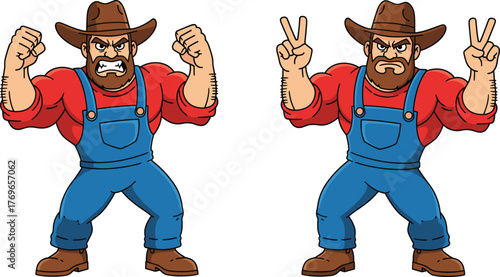 Cartoon cowboy character showing angry and peace gestures, vector illustration for emotion, personality, rural lifestyle, and expressive themes