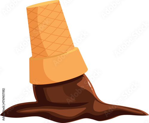 Chocolate ice cream is melting from its waffle cone on a white background, representing summer, treats, and accidents