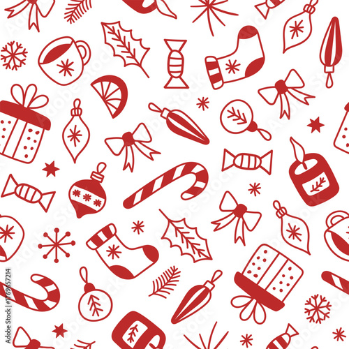 Winter seamless pattern of seasonal linear elements on a white background. Red and white colors. Christmas hand drawn print. Vector retro illustration