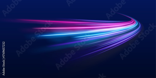 PNG glowing pink and blue neon streaks twist energetically across urban highways. Motion blur emphasizes speed, energy, and futuristic night visuals. Perfect illustration for digital city and technolo
