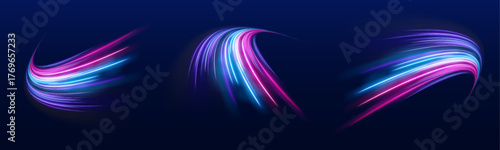 PNG futuristic city roads glowing with pink and blue neon trails. Twisting light streaks create dynamic motion and energy flow. Ideal vector for night, speed, and technology designs.
