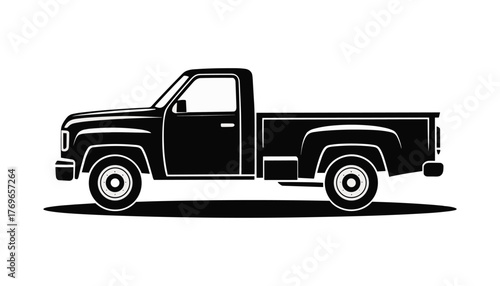 Black silhouette of a classic pickup truck with white outlines on a white background vehicle