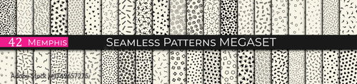 Set of 42 Seamless Memphis Style Patterns – Colorful Geometric Retro Backgrounds