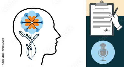 Conceptual Mind Growth and Development Illustration Representing Mental Health, Recording a Podcast, Signing Contracts, and Business Deals in a Modern, Innovative, Professional Vector Graphic Style wi