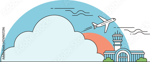 Airport Terminal with Airplane Taking Off in Light Blue Sky, Illustration Graphic for Transportation Industry, Business Travel, Tourism Marketing and Modern Design, Simple Style. Aviation Gateway, Dep