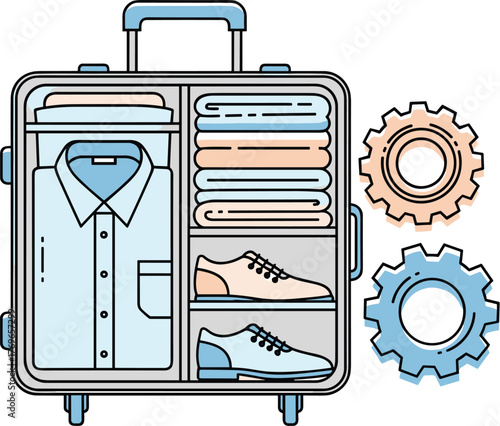 Open Suitcase Packed with Clothes and Shoes for Travel, Featuring Cog Gears for Innovation, Ready for Journey or Vacation, Representing Efficiency and Organization in Business, Tourism, Modern Style D