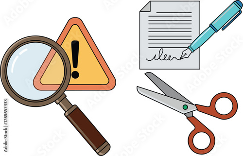 Fraud Detection and Contract Termination: Magnifying Glass Investigating Risk Factors on Agreement, Scissors Cutting Paper with Pen, Illustrative Icon Set for Legal Compliance and Business Strategy Pr
