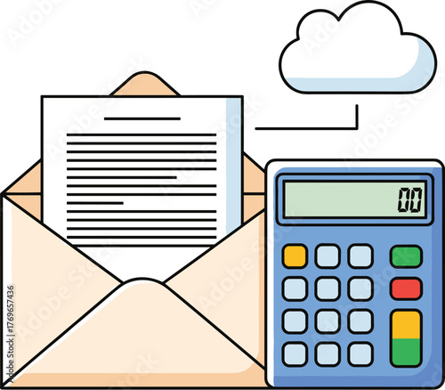 Financial Report Calculation and Cloud Storage, Depicting Accounting Tasks and Data Management for Business Efficiency, Modern Illustration Style for Finance Presentations and Tech Websites, with Calc