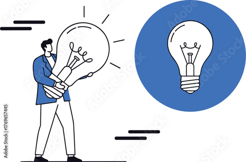 Man Holding a Giant Lightbulb Symbolizing Innovation and Problem Solving in a Modern Corporate Setting, Representing Creative Ideas and Solutions for Business Presentations, Web Design, Marketing Camp