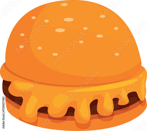 Cartoon style cheeseburger features a juicy beef patty and melted cheese dripping enticingly down the sides