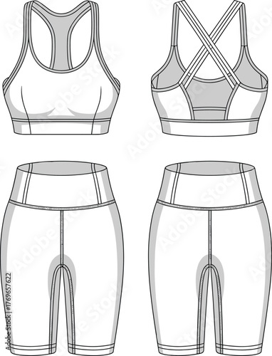 Women’s athletic outfit sketch, sports bra and biker shorts design, crisscross strap and contour seams, fashion flat vector, activewear construction layout