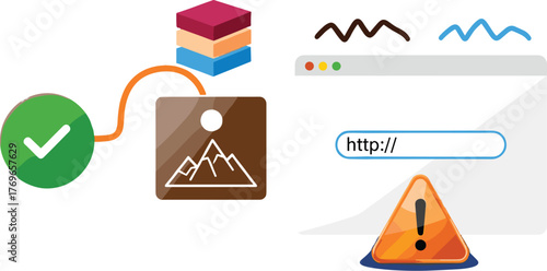 Website Security Assessment Showing Vulnerability, Featuring Orange Warning Sign Connected to a Green Check Mark Confirming Valid Certificate, Data Integrity and Secure Protocols, Promoting Cyber Defe