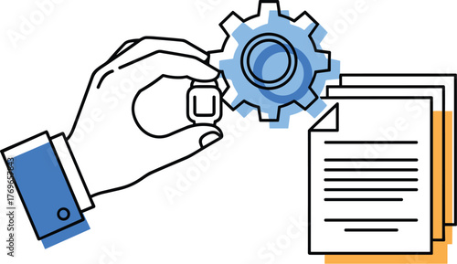 Business Process Automation Concept Illustration: Hand Placing Configuration Setting Gear Next to Documentation for Workflow Management, Digital Transformation, Modern Technology, Presentation, Produc