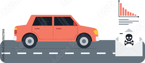 Red Car Driving on Road with Cyber Attack Threat, Indicating Automotive Industry Vulnerability and Decreasing Sales Chart for Online Vehicle Safety Presentation (Flat Vector Style, Vehicle Vulnerabili